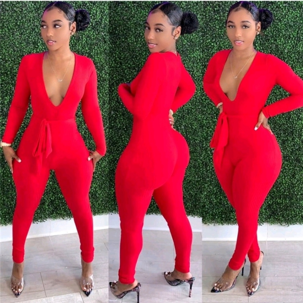 Red Deep V-Neck Knit Jumpsuit w/ tie